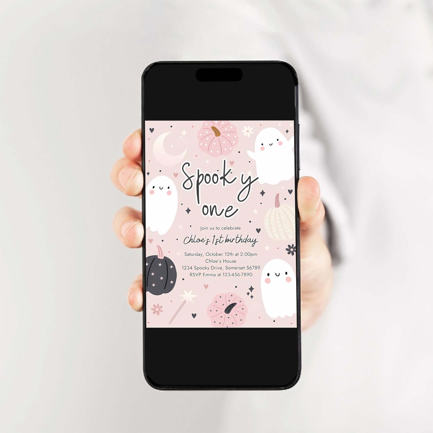 Editable spooky one halloween ghost 1st birthday party invitation boho groovy ghost halloween birthday party invite instant download 45f 2