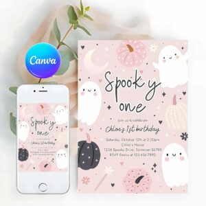 Spooky One Invitation, Spooky One Halloween Ghost 1st Birthday Party Invitation Boho Groovy Ghost Halloween Birthday Party Invite