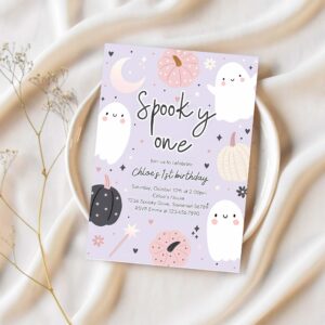 Editable spooky one halloween ghost 1st birthday party invitation boho groovy ghost halloween birthday party invite instant download 45r 1