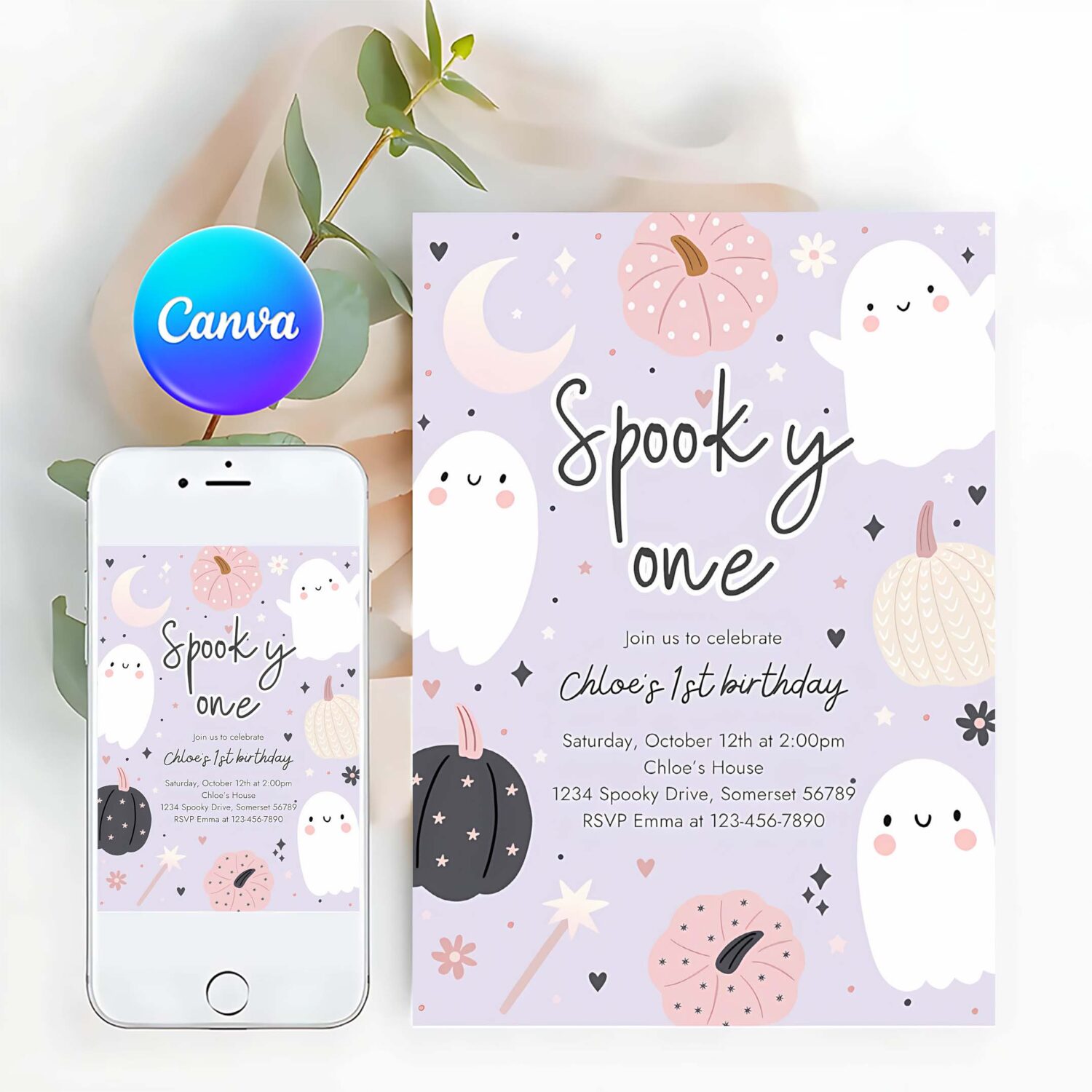 Editable spooky one halloween ghost 1st birthday party invitation boho groovy ghost halloween birthday party invite instant download 45r