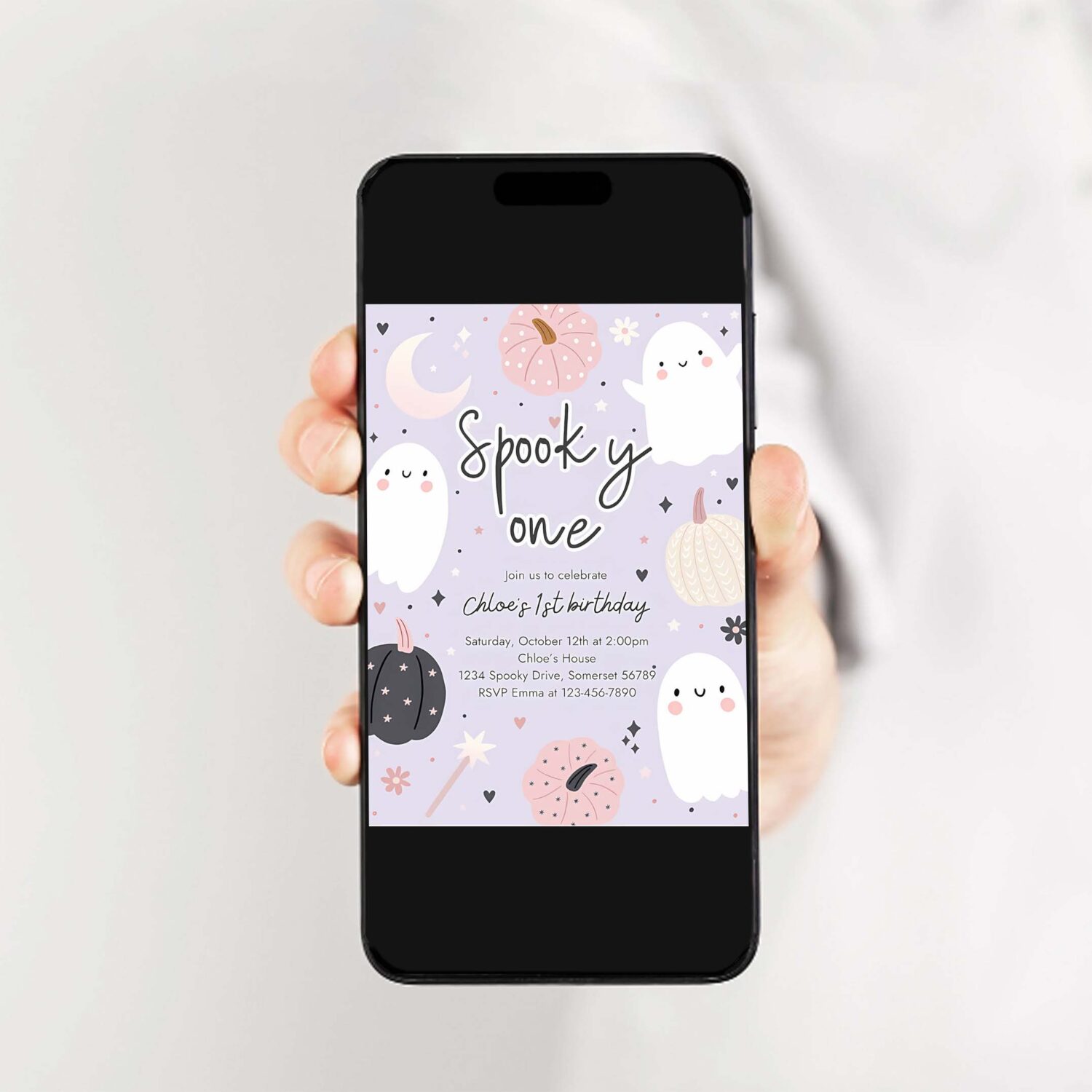 Editable spooky one halloween ghost 1st birthday party invitation boho groovy ghost halloween birthday party invite instant download 45r 2