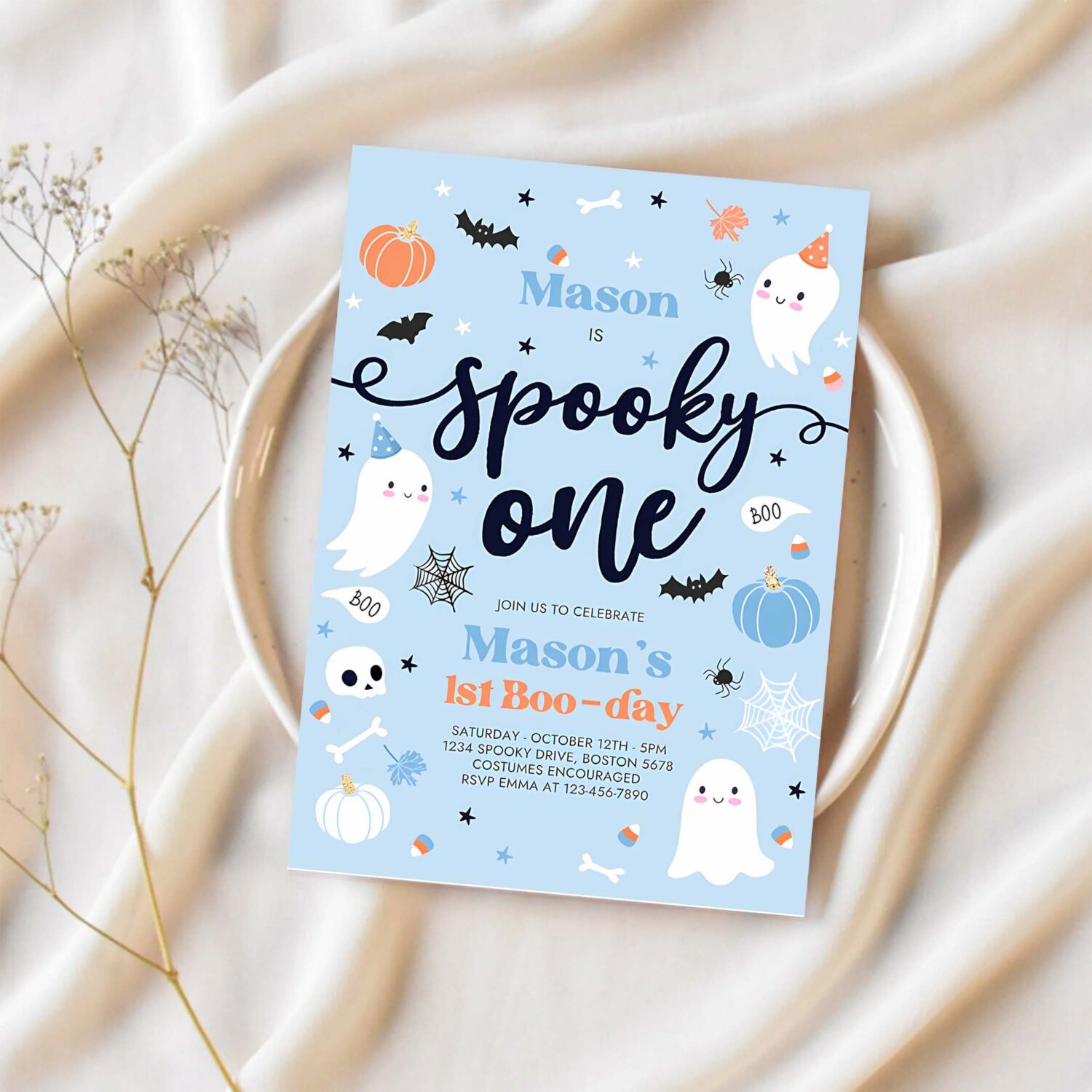Editable spooky one halloween ghost 1st birthday party invitation cute boy ghost 1st birthday spooktacular 1st birthday instant download dw 1