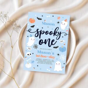 Editable spooky one halloween ghost 1st birthday party invitation cute boy ghost 1st birthday spooktacular 1st birthday instant download dw 1