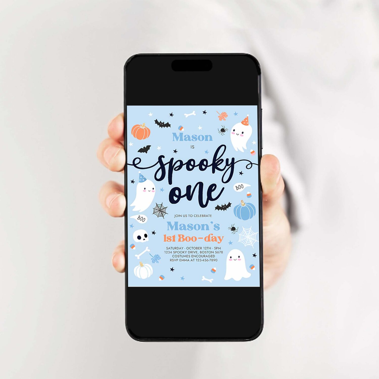 Editable spooky one halloween ghost 1st birthday party invitation cute boy ghost 1st birthday spooktacular 1st birthday instant download dw 2