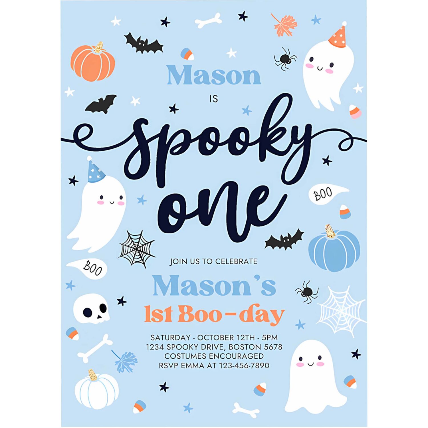 Editable spooky one halloween ghost 1st birthday party invitation cute boy ghost 1st birthday spooktacular 1st birthday instant download dw 4