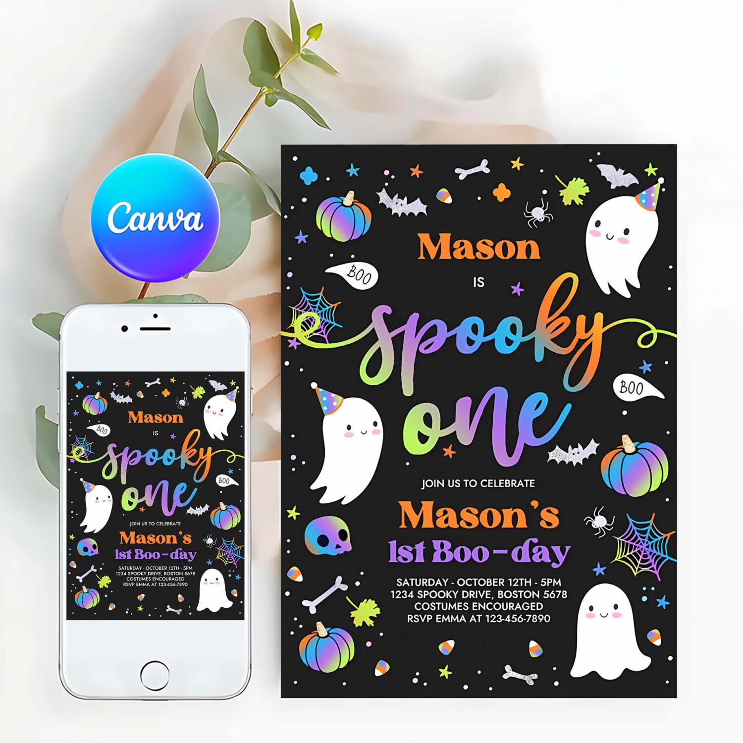 Editable spooky one halloween ghost 1st birthday party invitation cute boy ghost 1st birthday spooktacular 1st birthday instant download fg