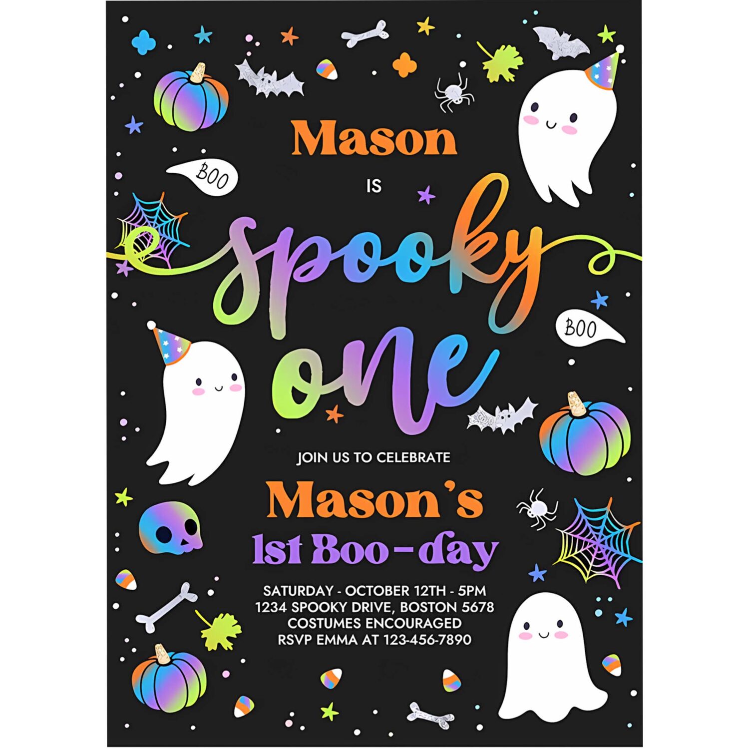 Editable spooky one halloween ghost 1st birthday party invitation cute boy ghost 1st birthday spooktacular 1st birthday instant download fg 4