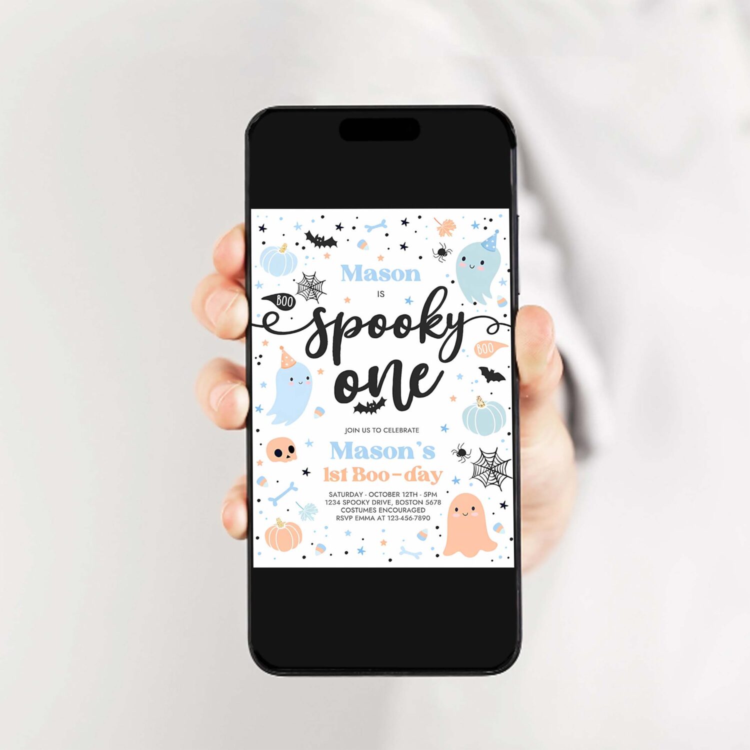 Editable spooky one halloween ghost 1st birthday party invitation cute boy ghost 1st birthday spooktacular 1st birthday instant download g62 2