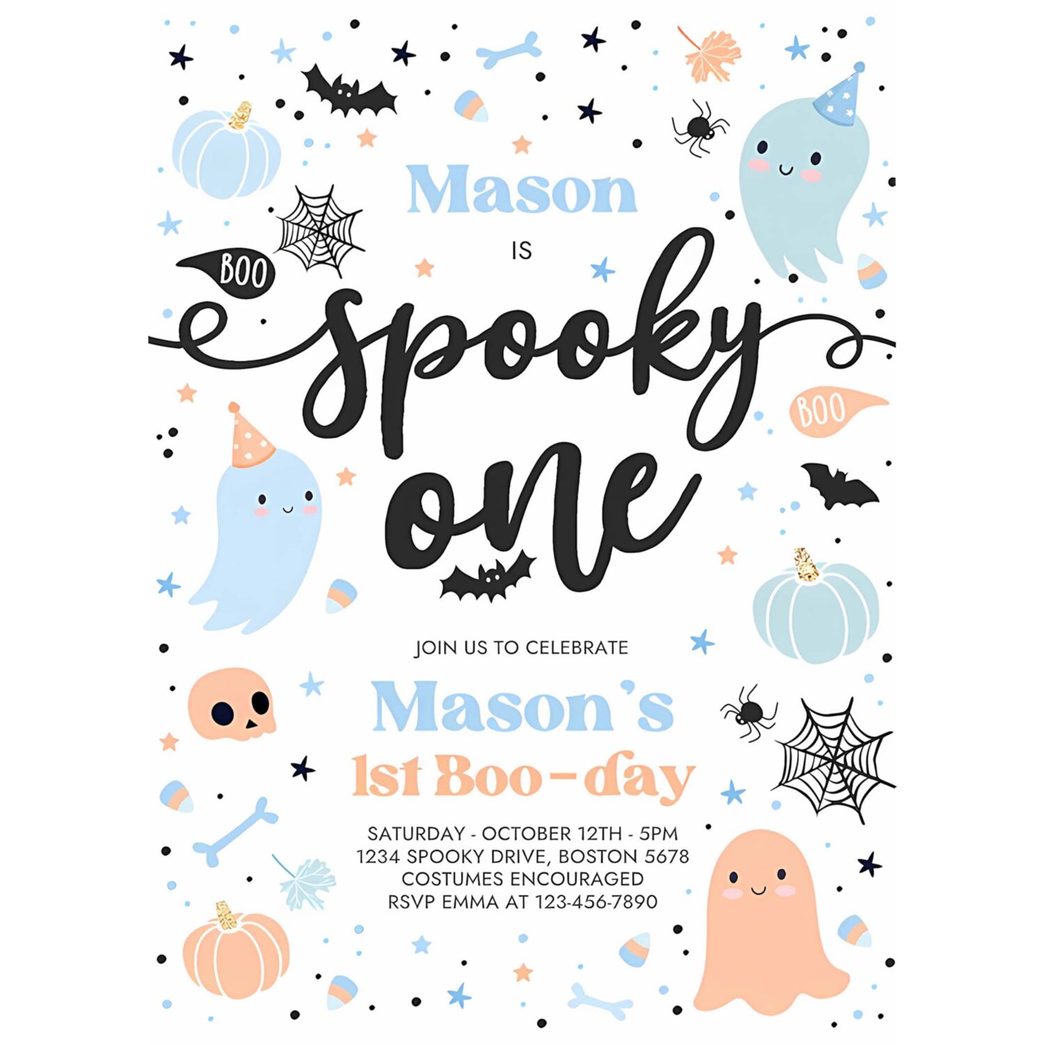 Editable spooky one halloween ghost 1st birthday party invitation cute boy ghost 1st birthday spooktacular 1st birthday instant download g62 4