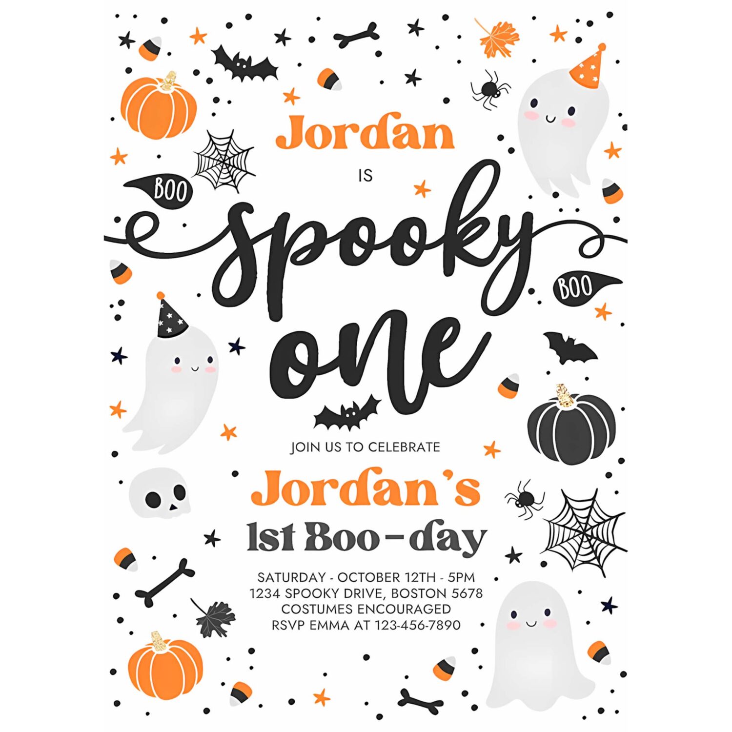 Editable spooky one halloween ghost 1st birthday party invitation cute boy ghost 1st birthday spooktacular 1st birthday instant download g8 4
