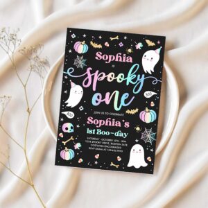 Editable spooky one halloween ghost 1st birthday party invitation cute pink ghost 1st birthday spooktacular 1st birthday instant download dq 1