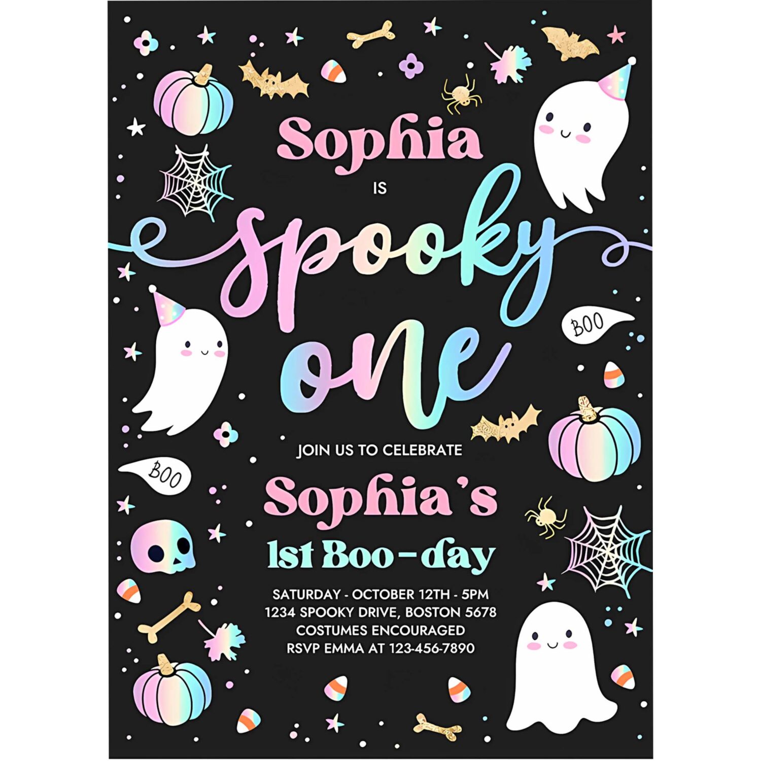 Editable spooky one halloween ghost 1st birthday party invitation cute pink ghost 1st birthday spooktacular 1st birthday instant download dq 4