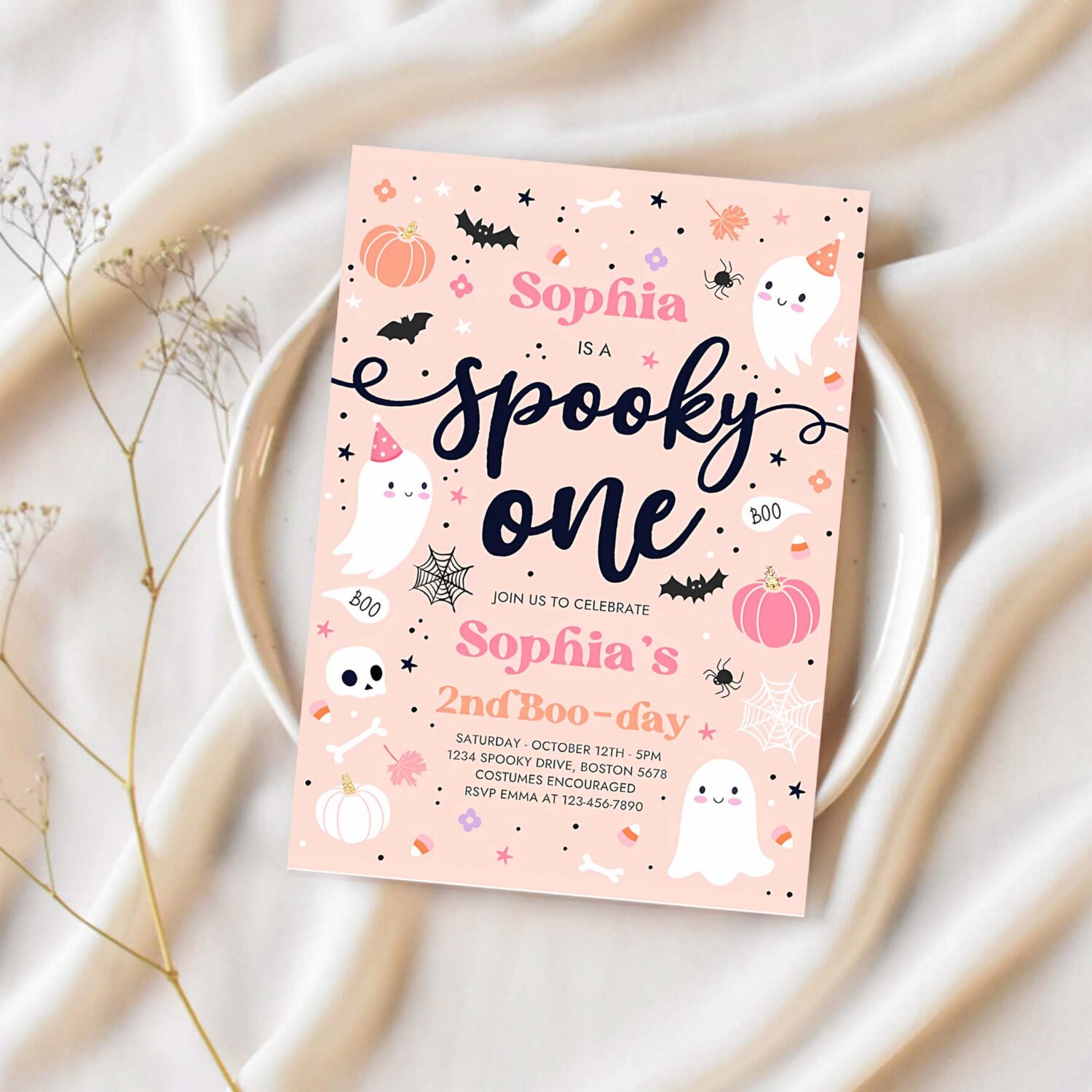 Editable spooky one halloween ghost 1st birthday party invitation cute pink ghost 1st birthday spooktacular 1st birthday instant download ds 1