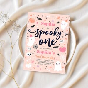 Editable spooky one halloween ghost 1st birthday party invitation cute pink ghost 1st birthday spooktacular 1st birthday instant download ds 1