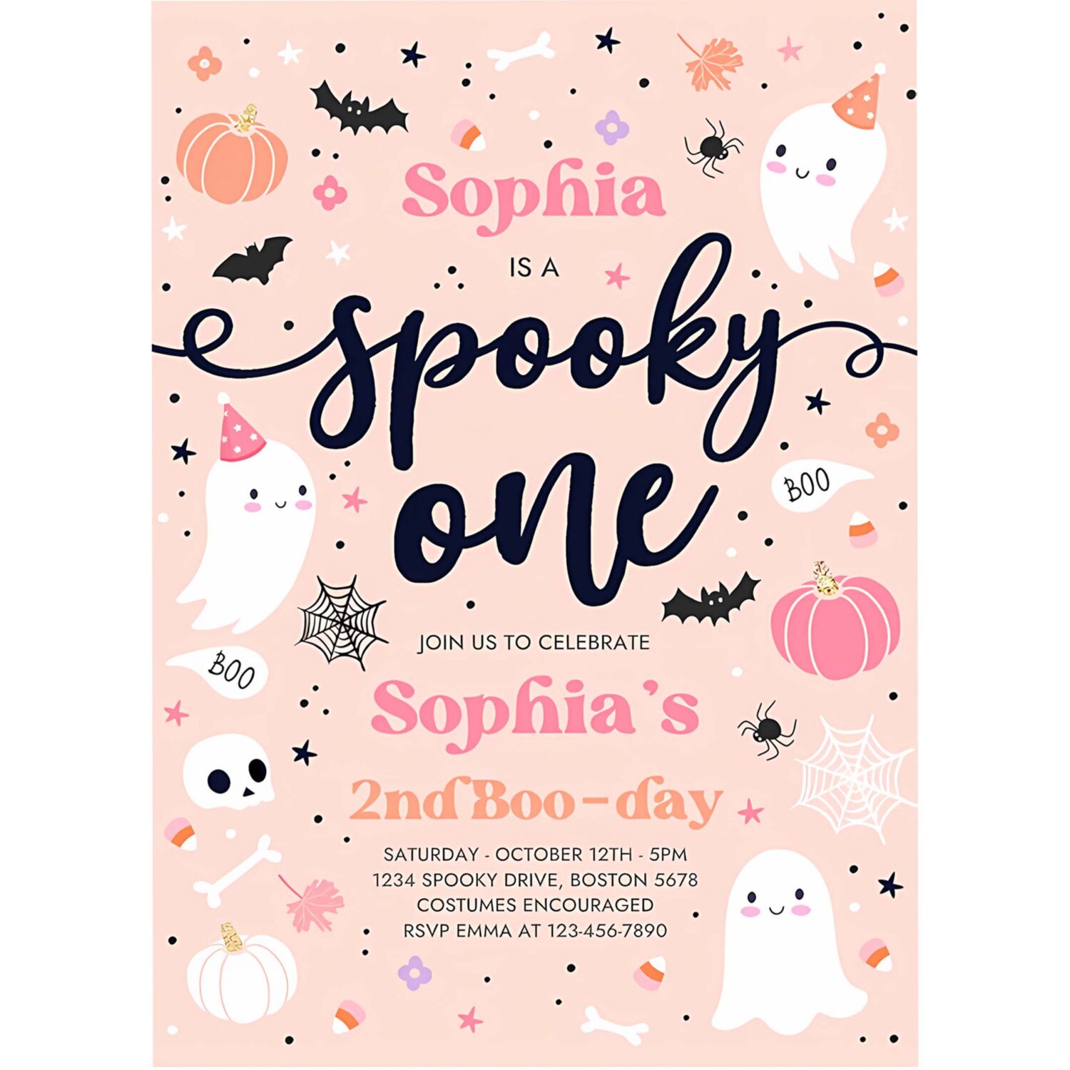 Editable spooky one halloween ghost 1st birthday party invitation cute pink ghost 1st birthday spooktacular 1st birthday instant download ds 4