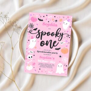 Editable spooky one halloween ghost 1st birthday party invitation cute pink ghost 1st birthday spooktacular 1st birthday instant download f4 1