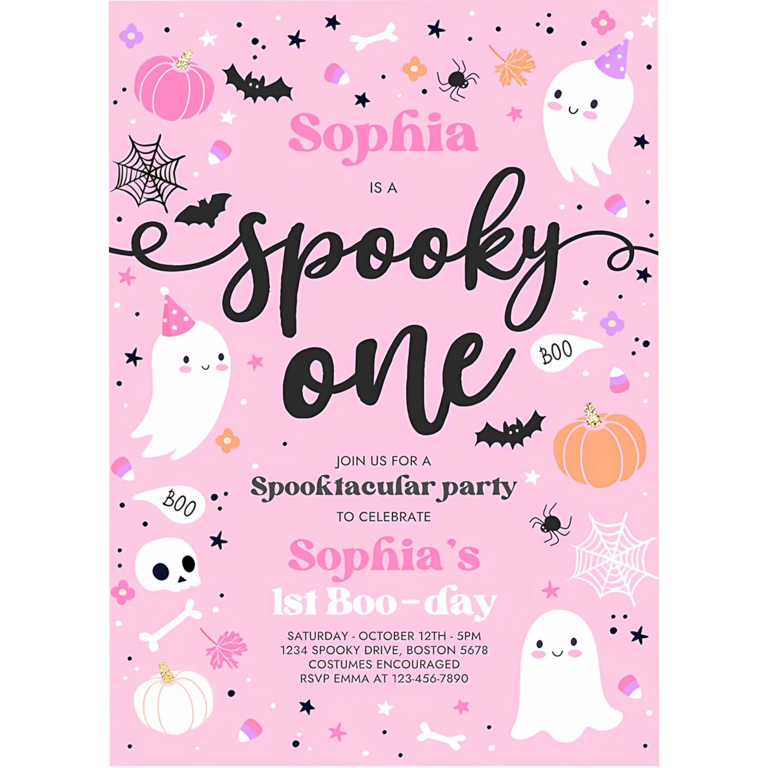 Editable spooky one halloween ghost 1st birthday party invitation cute pink ghost 1st birthday spooktacular 1st birthday instant download f4 4