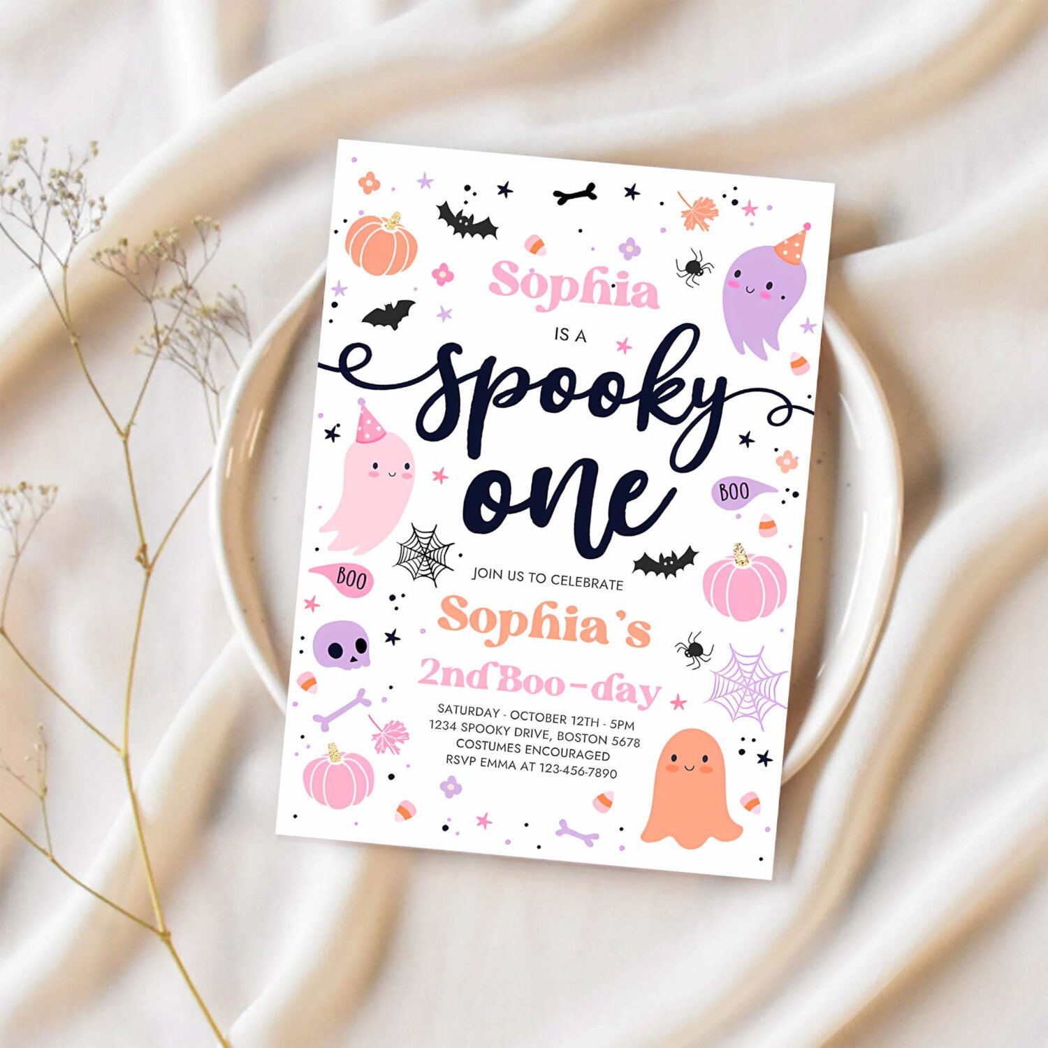 Editable spooky one halloween ghost 1st birthday party invitation cute pink ghost 1st birthday spooktacular 1st birthday instant download f6 1