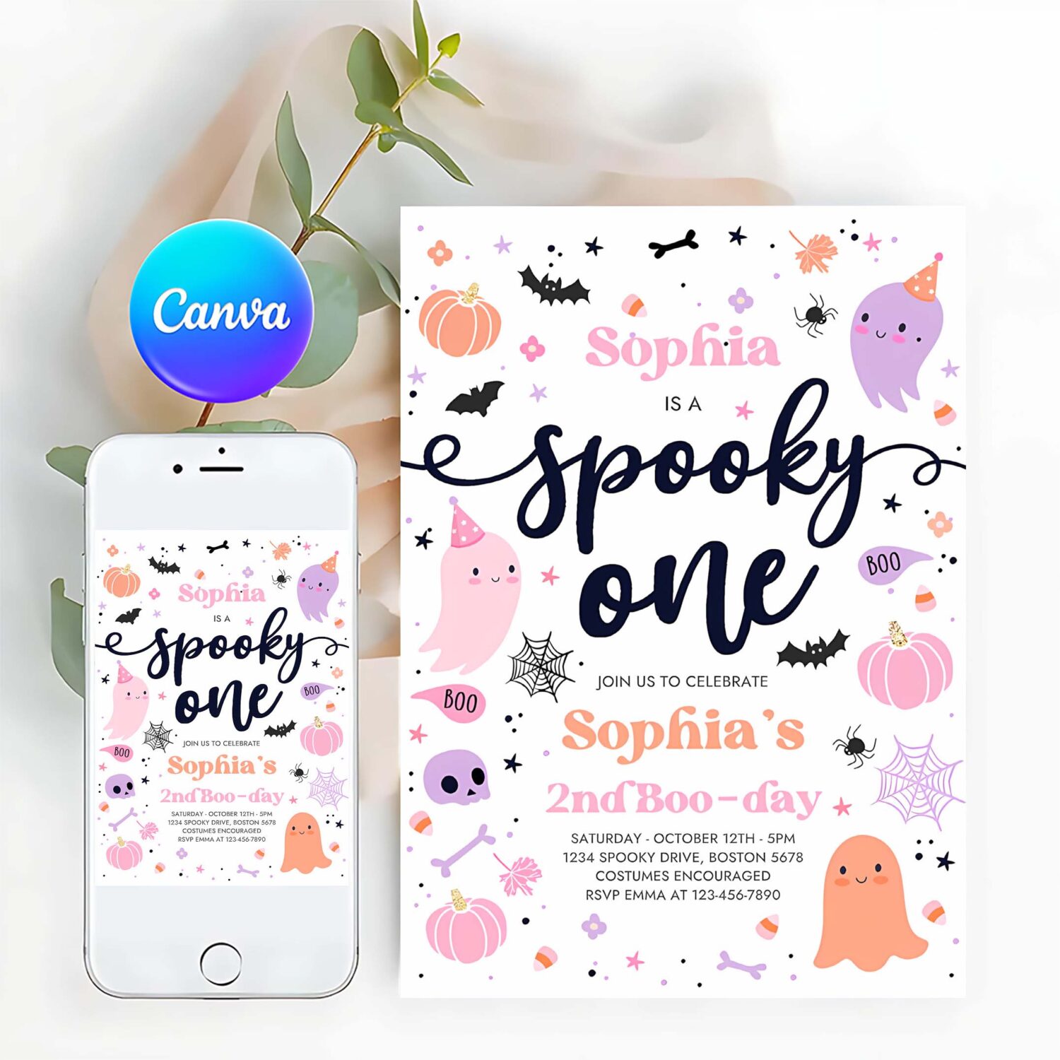 Editable spooky one halloween ghost 1st birthday party invitation cute pink ghost 1st birthday spooktacular 1st birthday instant download f6