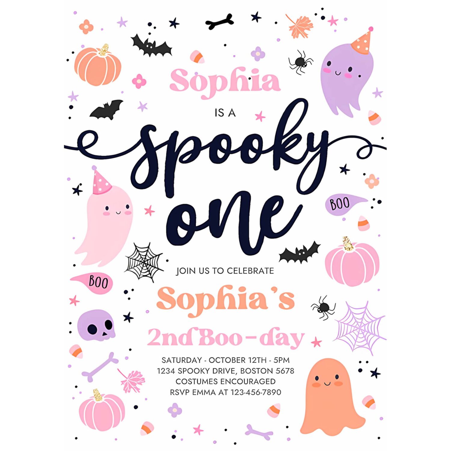Editable spooky one halloween ghost 1st birthday party invitation cute pink ghost 1st birthday spooktacular 1st birthday instant download f6 4