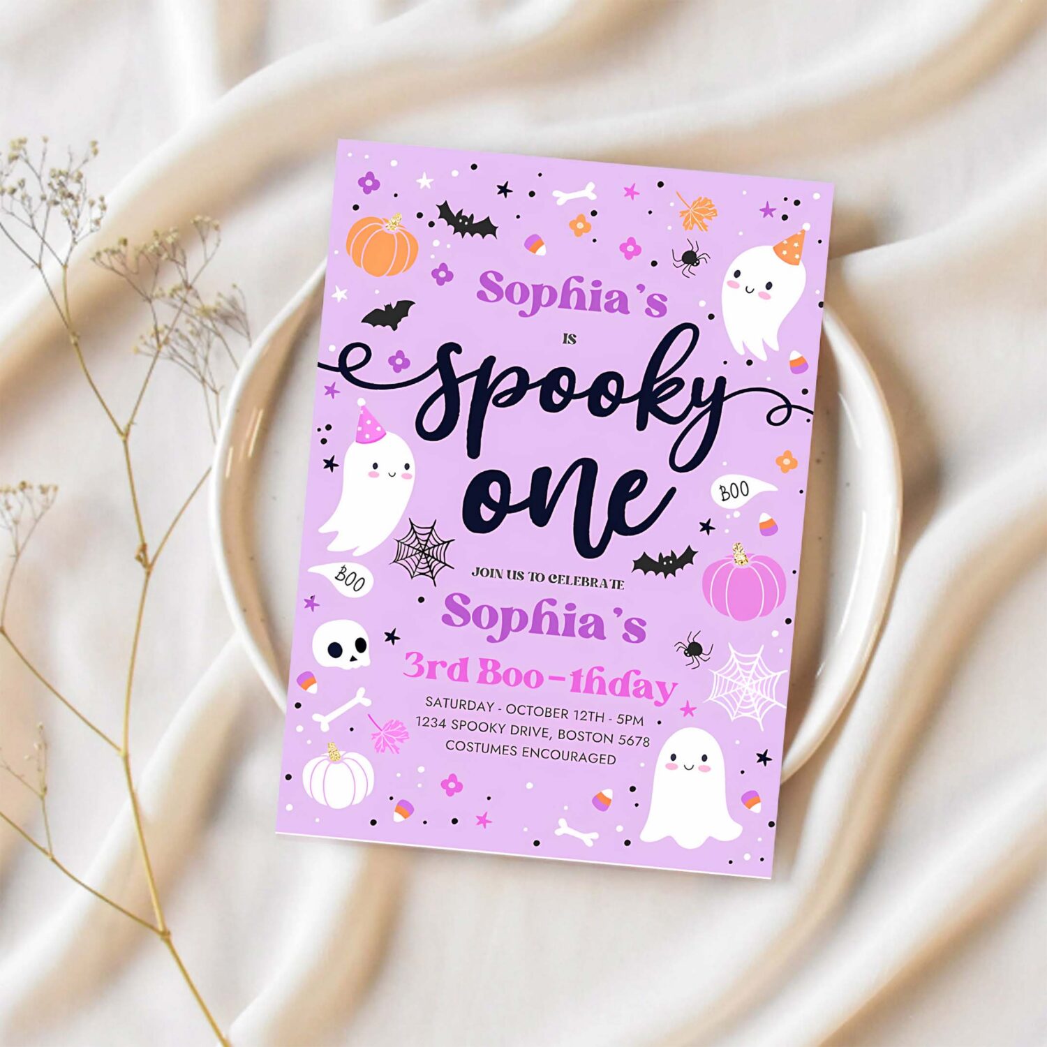 Editable spooky one halloween ghost 1st birthday party invitation purple ghost 1st birthday spooktacular 1st birthday instant download l1 1