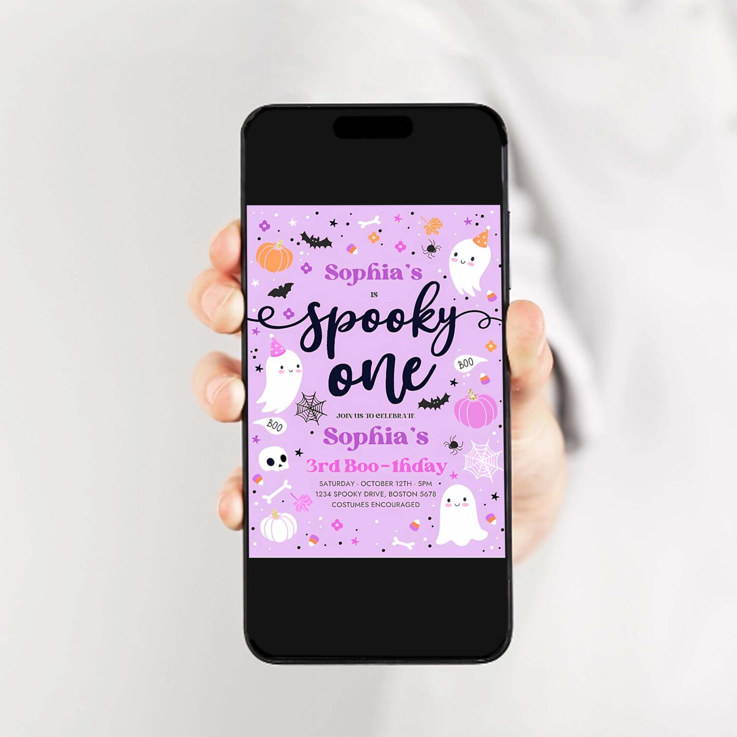 Editable spooky one halloween ghost 1st birthday party invitation purple ghost 1st birthday spooktacular 1st birthday instant download l1 2