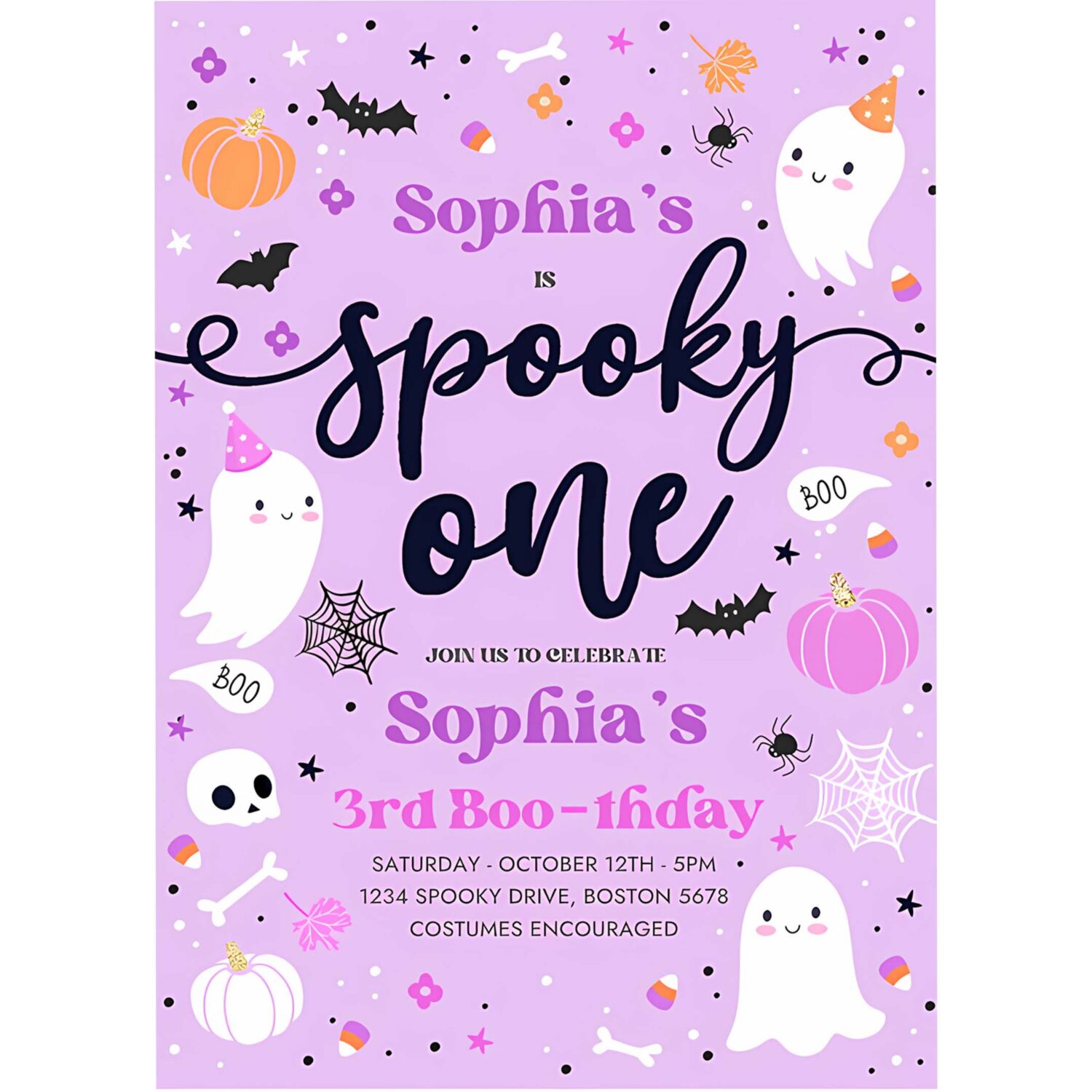 Editable spooky one halloween ghost 1st birthday party invitation purple ghost 1st birthday spooktacular 1st birthday instant download l1 4