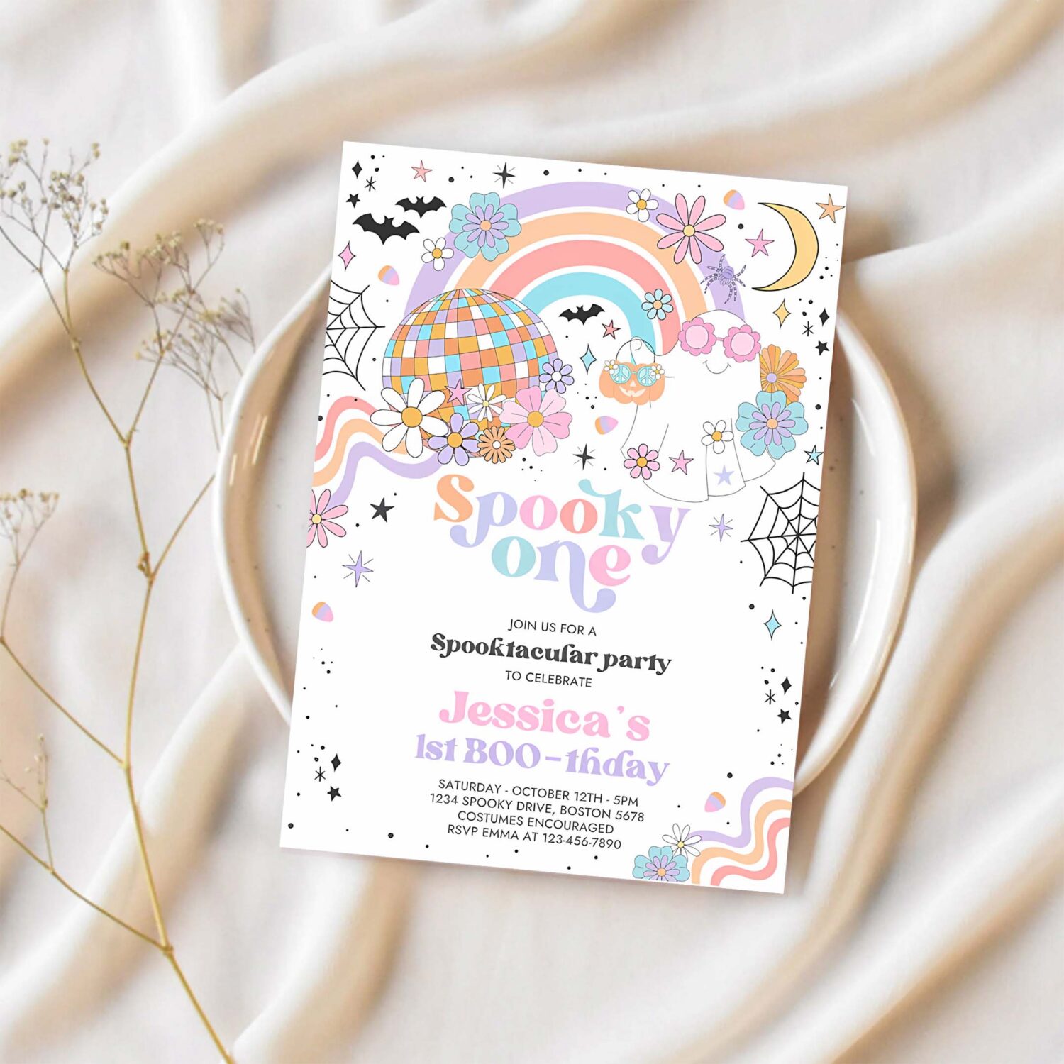 Editable spooky one halloween ghost 1st birthday party invitation retro groovy rainbow ghost birthday hippie halloween instant download 45g 1