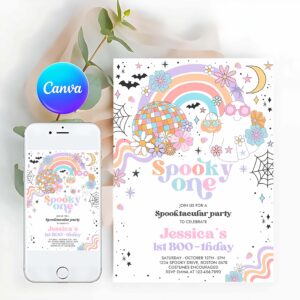 One Spooky Invitation, Spooky One Halloween Ghost 1st Birthday Party Invitation Retro Groovy Rainbow Ghost Birthday Hippie Halloween