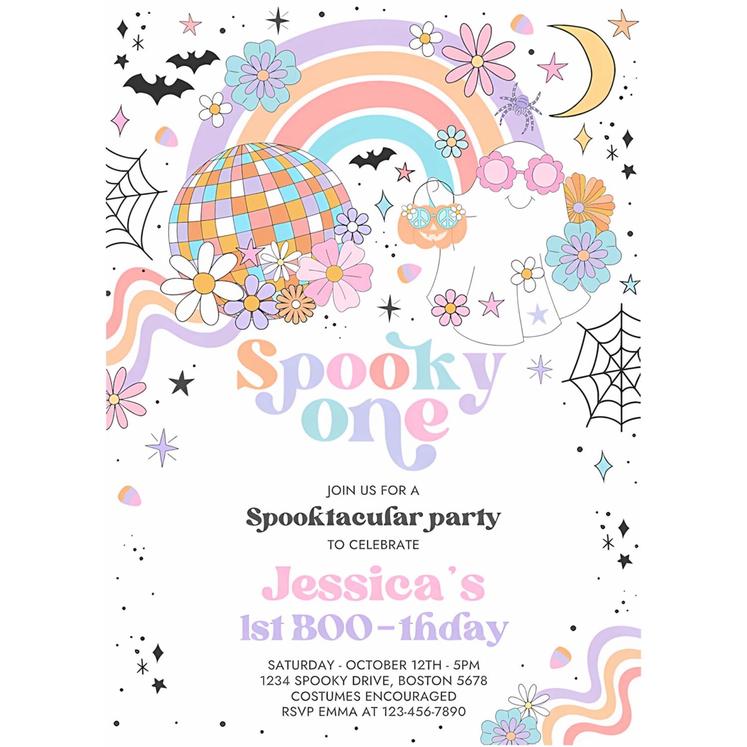 Editable spooky one halloween ghost 1st birthday party invitation retro groovy rainbow ghost birthday hippie halloween instant download 45g 4