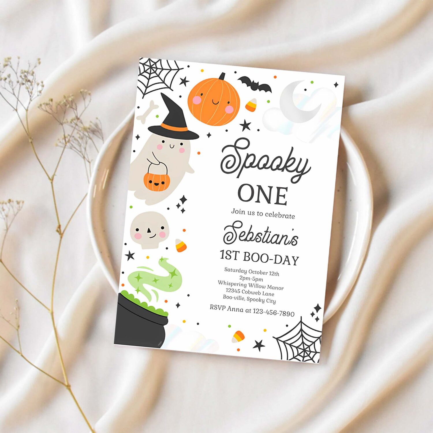 Editable spooky one halloween ghost 1st birthday party invitation spooktacular ghost halloween birthday party invite instant download 4w2 1