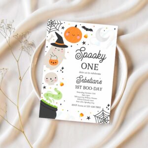 Editable spooky one halloween ghost 1st birthday party invitation spooktacular ghost halloween birthday party invite instant download 4w2 1