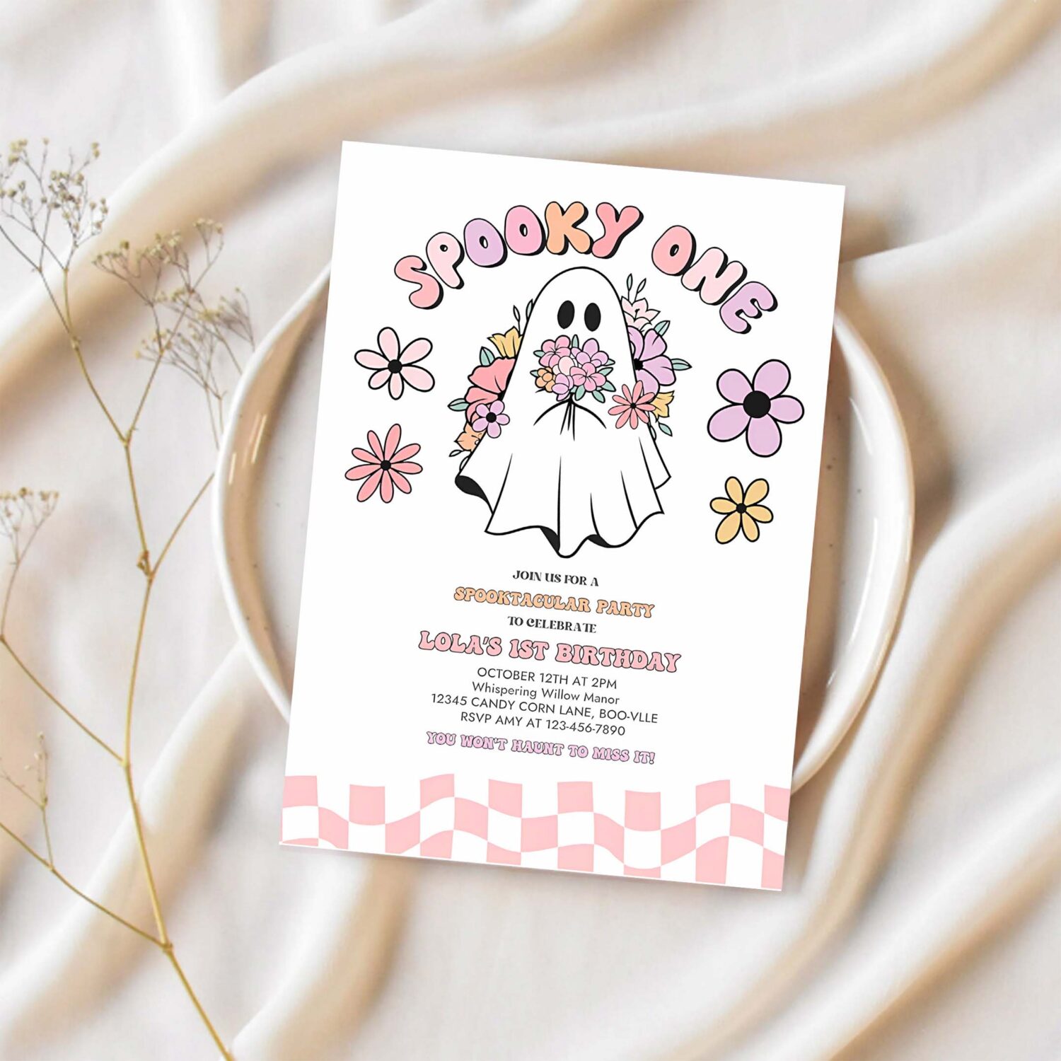 Editable spooky one halloween ghost 1st birthday retro groovy pink ghost halloween birthday party instant download uw8 1