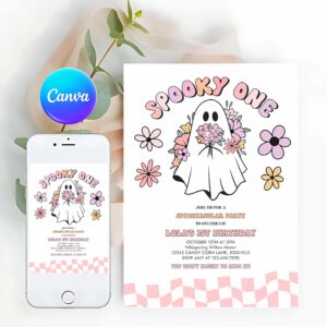 One Spooky Invitation, Spooky One Halloween Ghost 1st Birthday Retro Groovy Pink Ghost Halloween Birthday Party