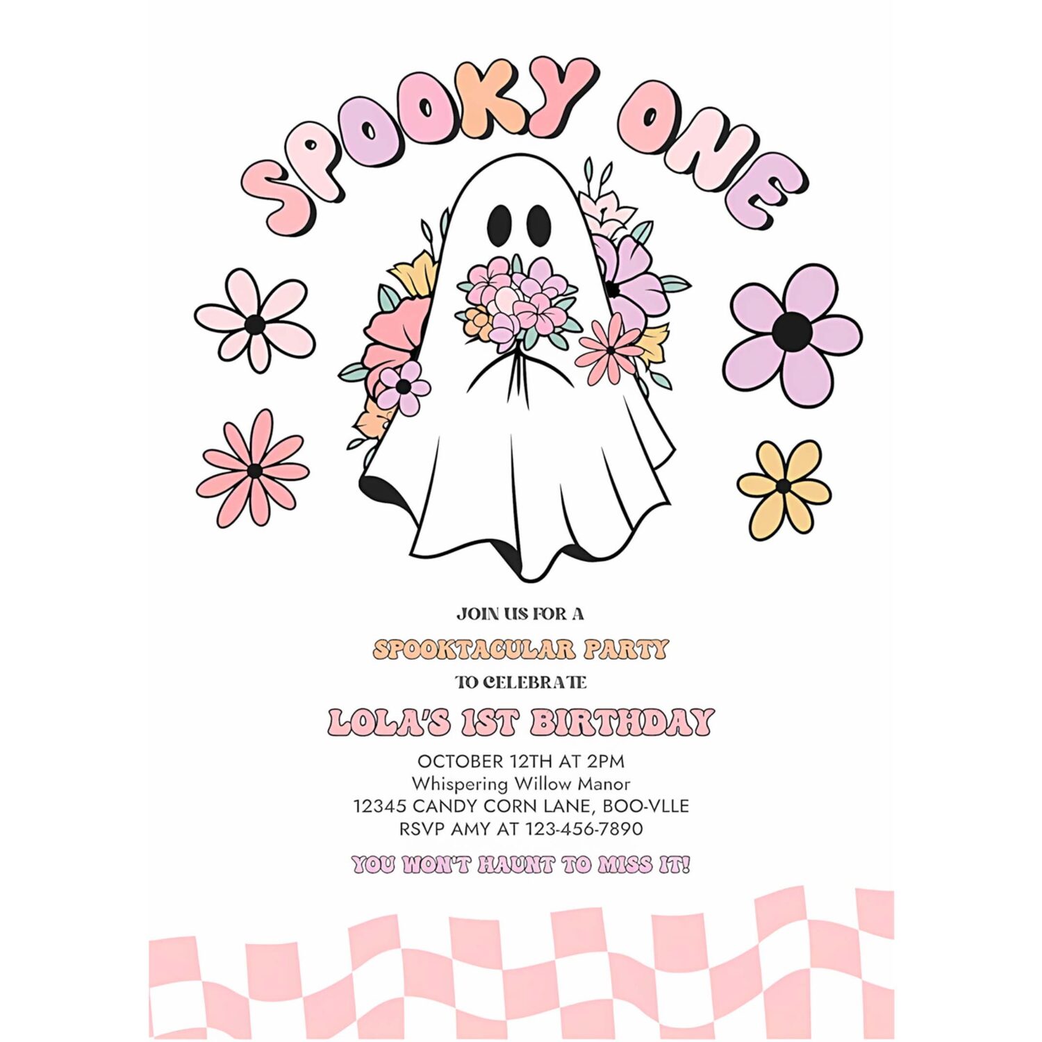 Editable spooky one halloween ghost 1st birthday retro groovy pink ghost halloween birthday party instant download uw8 4