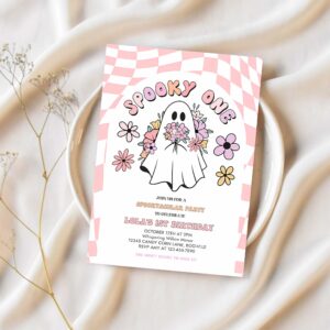 Editable spooky one halloween ghost 1st invitation retro groovy pink ghost halloween birthday party instant download uw8 1