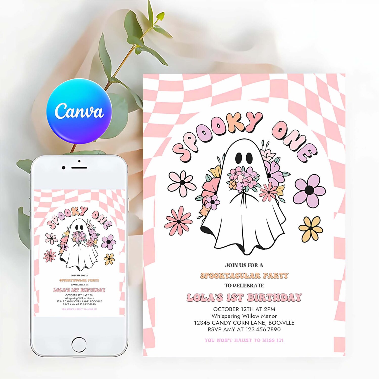Editable spooky one halloween ghost 1st invitation retro groovy pink ghost halloween birthday party instant download uw8