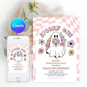 Spooky One Invitation, Spooky One Halloween Ghost 1st Invitation Retro Groovy Pink Ghost Halloween Birthday Party