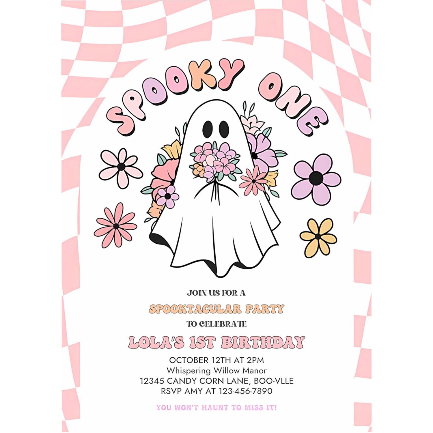 Editable spooky one halloween ghost 1st invitation retro groovy pink ghost halloween birthday party instant download uw8 4