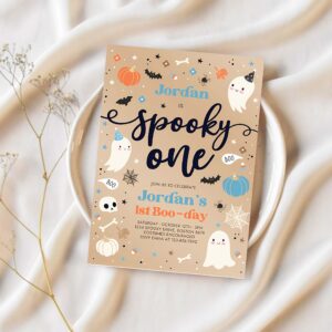 Editable spooky one vintage halloween ghost 1st birthday party invitation cute ghost 1st birthday party spooktacular instant download di 1