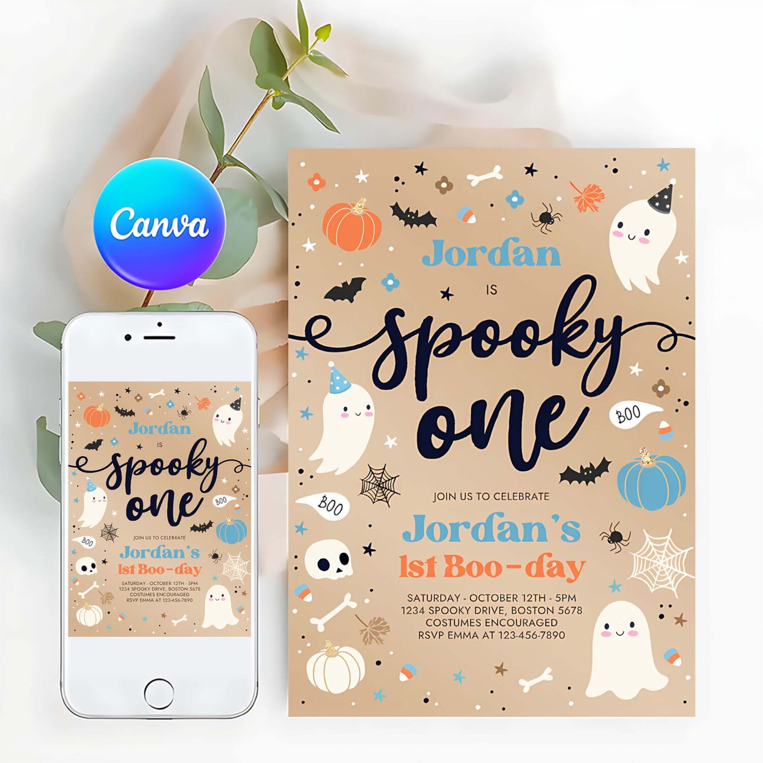 Editable spooky one vintage halloween ghost 1st birthday party invitation cute ghost 1st birthday party spooktacular instant download di