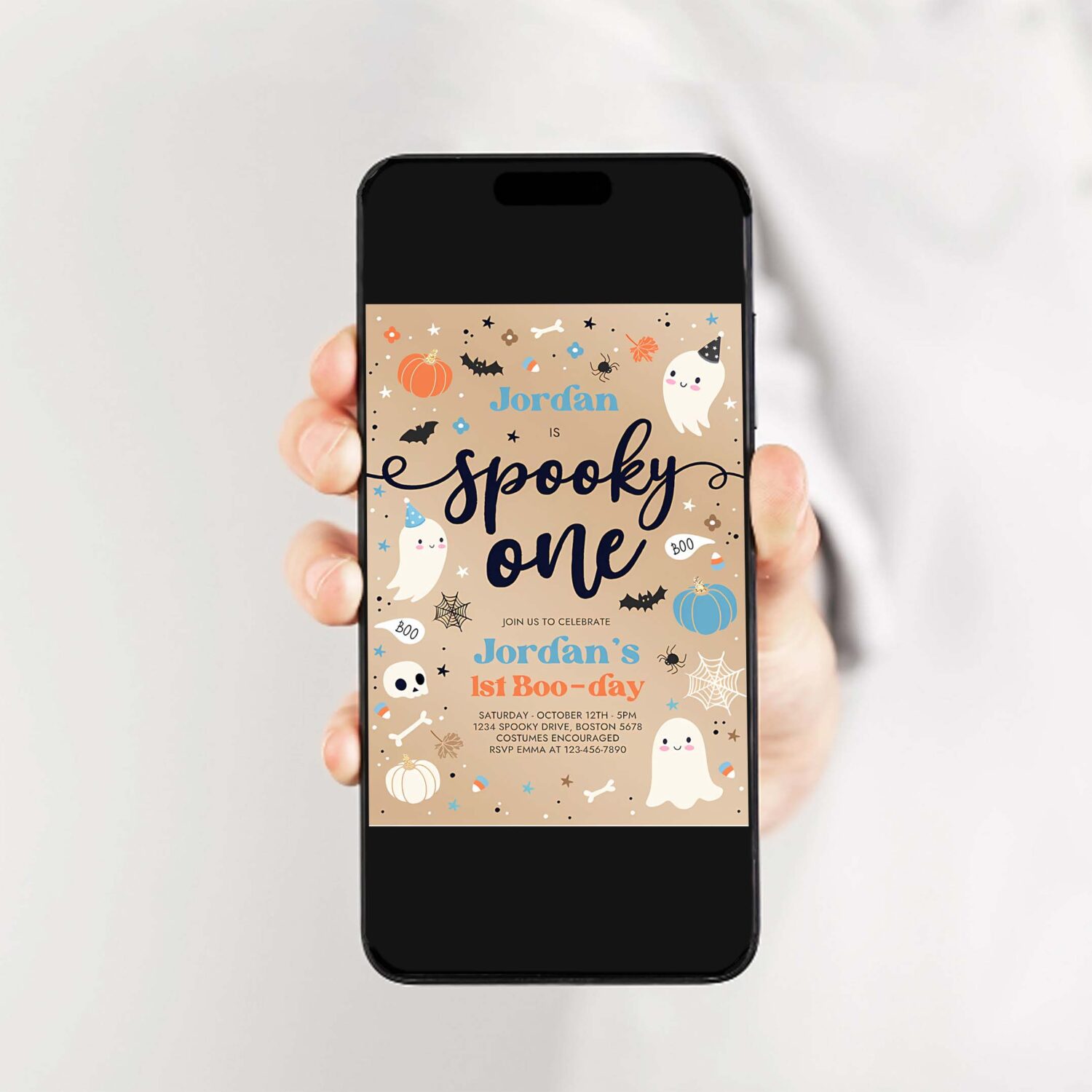 Editable spooky one vintage halloween ghost 1st birthday party invitation cute ghost 1st birthday party spooktacular instant download di 2