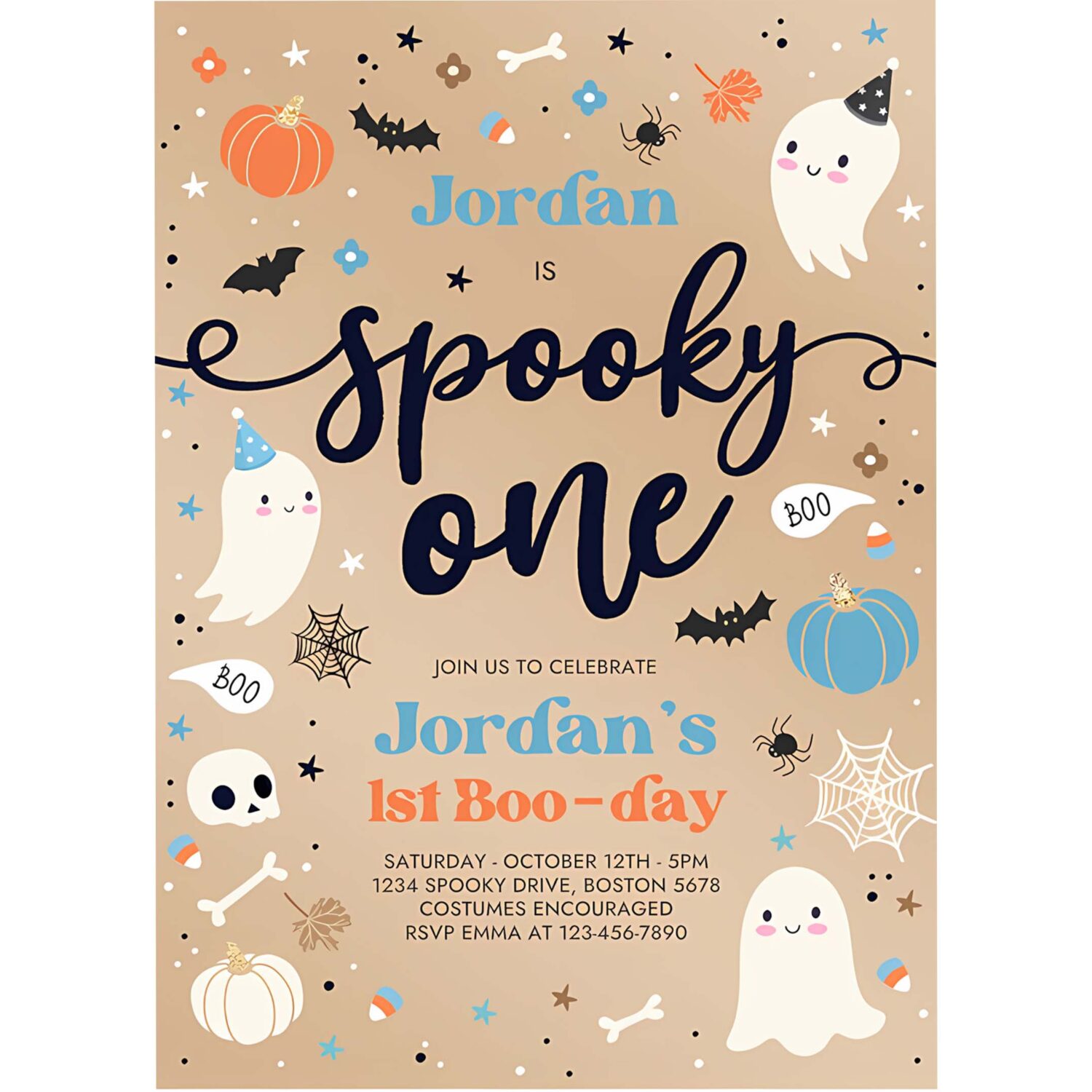 Editable spooky one vintage halloween ghost 1st birthday party invitation cute ghost 1st birthday party spooktacular instant download di 4