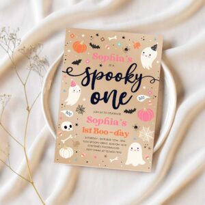 Editable spooky one vintage halloween ghost 1st birthday party invitation cute ghost 1st birthday party spooktacular instant download f8u 1
