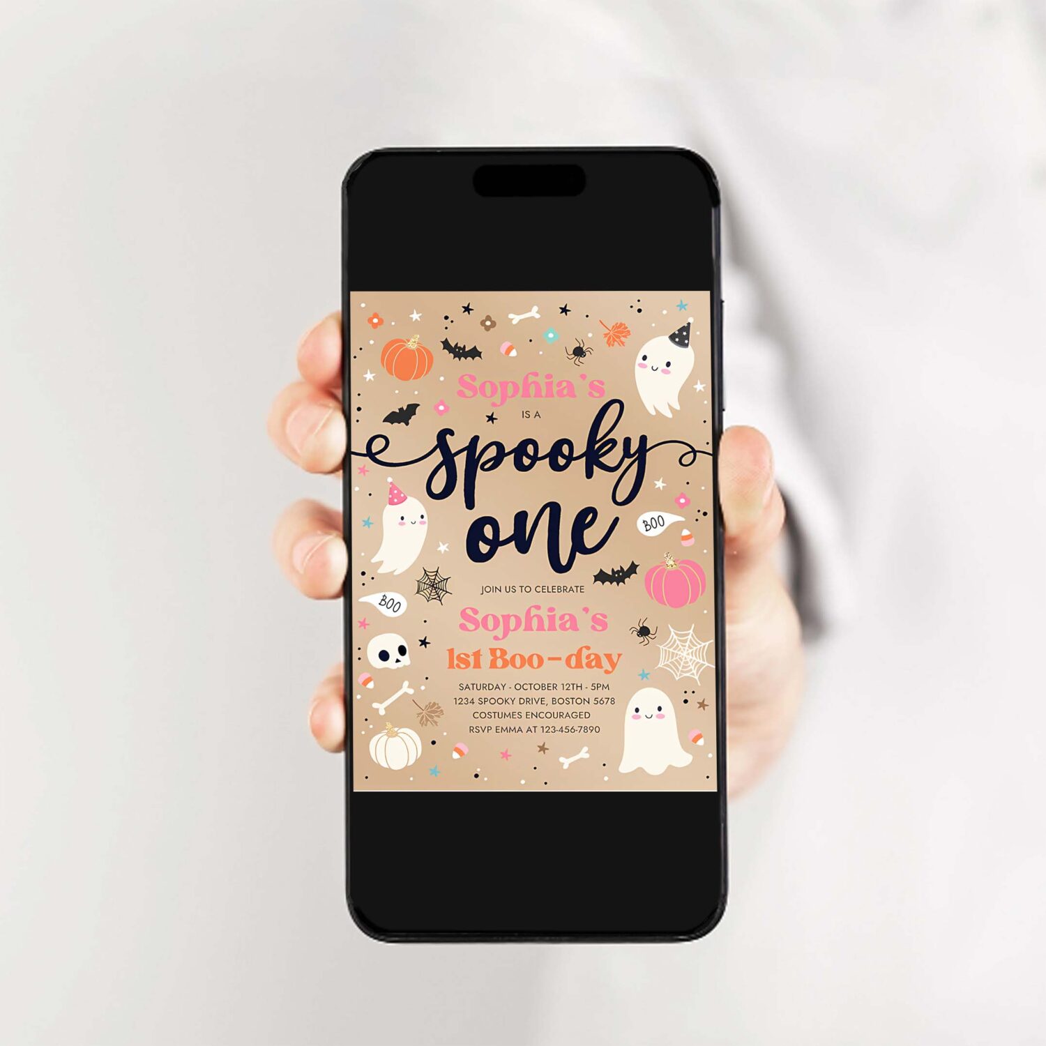Editable spooky one vintage halloween ghost 1st birthday party invitation cute ghost 1st birthday party spooktacular instant download f8u 2