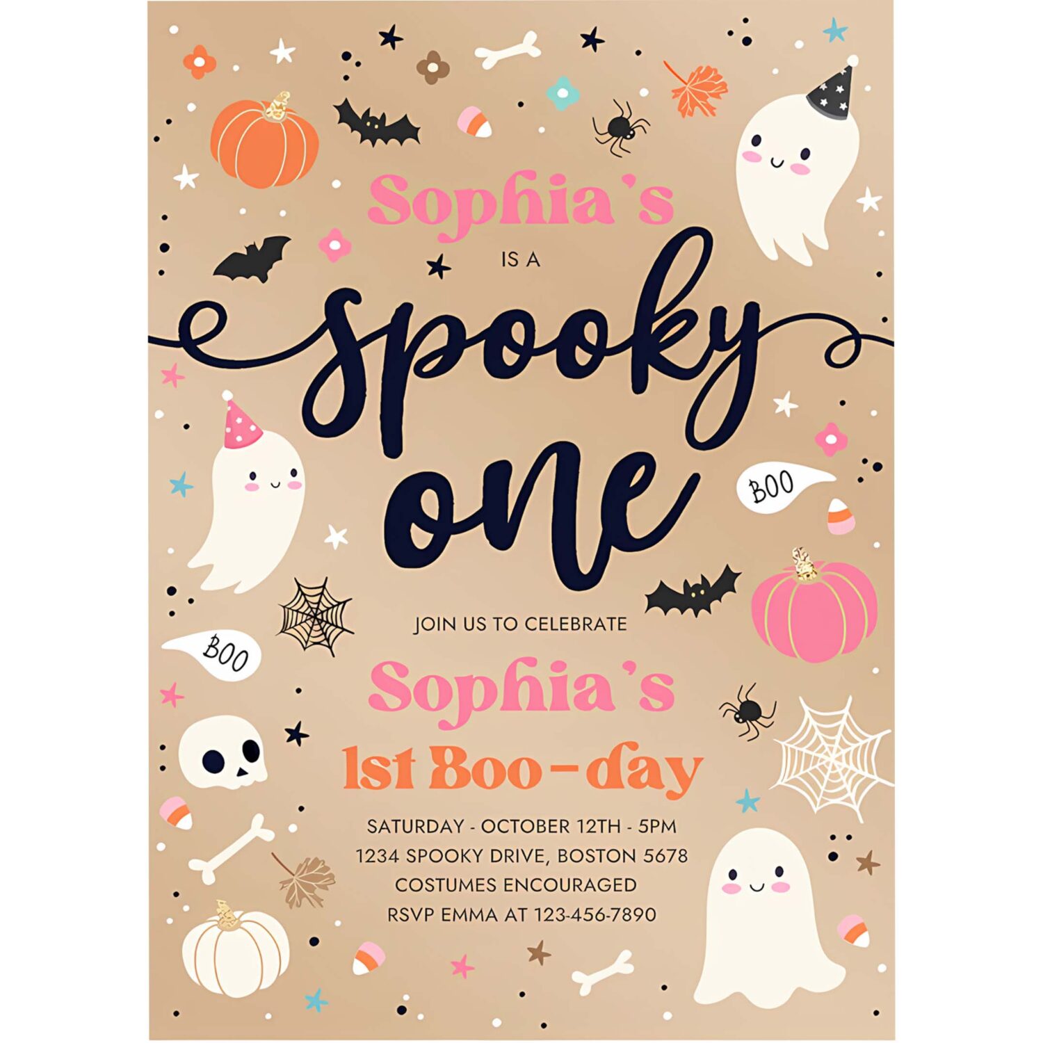 Editable spooky one vintage halloween ghost 1st birthday party invitation cute ghost 1st birthday party spooktacular instant download f8u 4