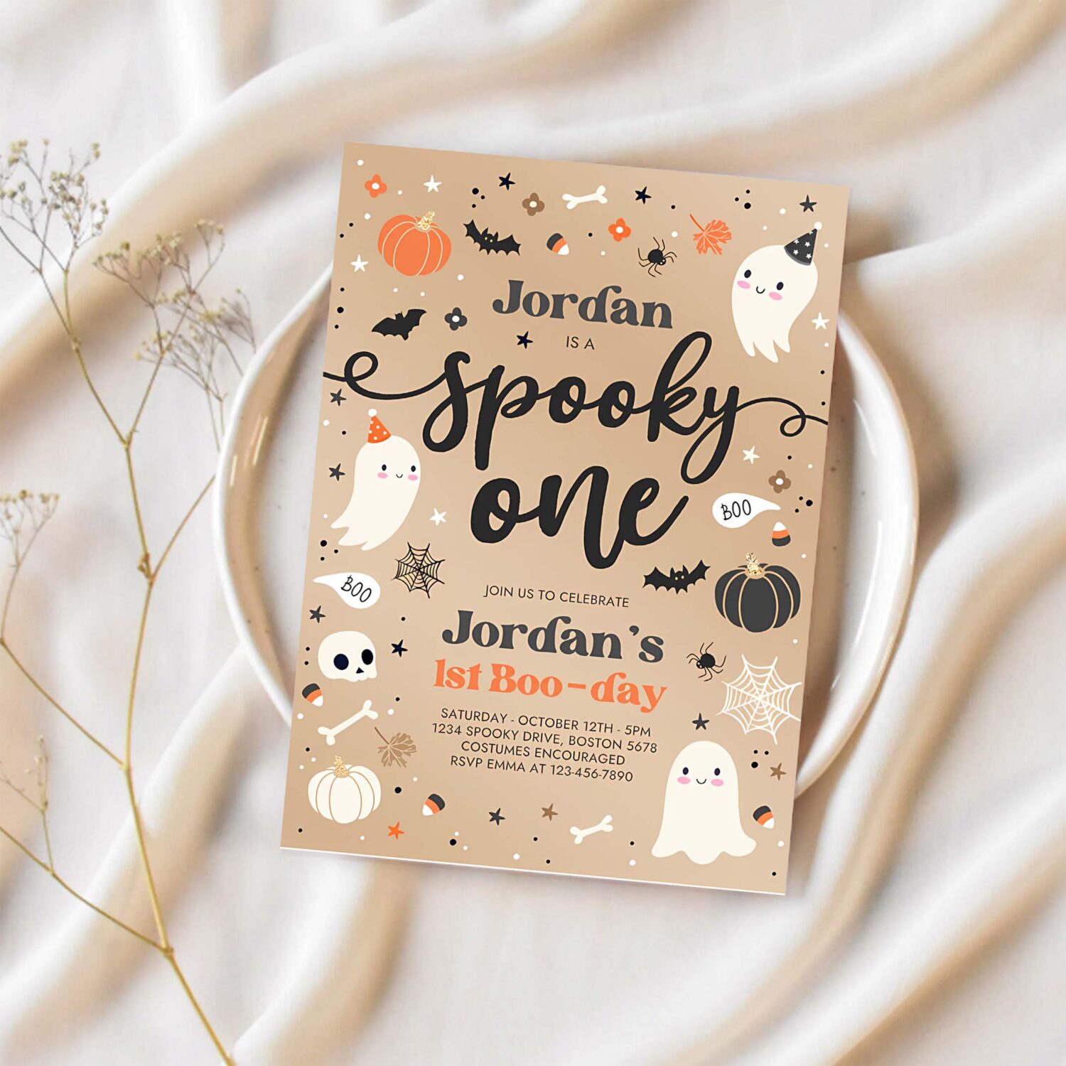 Editable spooky one vintage halloween ghost 1st birthday party invitation cute ghost 1st birthday party spooktacular instant download t2 1
