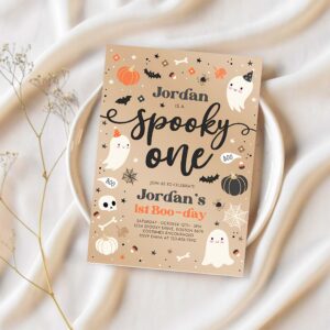 Editable spooky one vintage halloween ghost 1st birthday party invitation cute ghost 1st birthday party spooktacular instant download t2 1