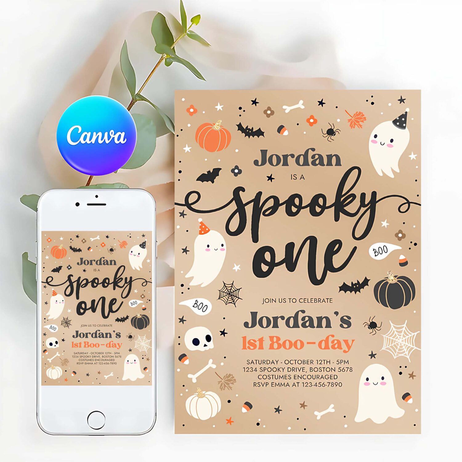 Editable spooky one vintage halloween ghost 1st birthday party invitation cute ghost 1st birthday party spooktacular instant download t2