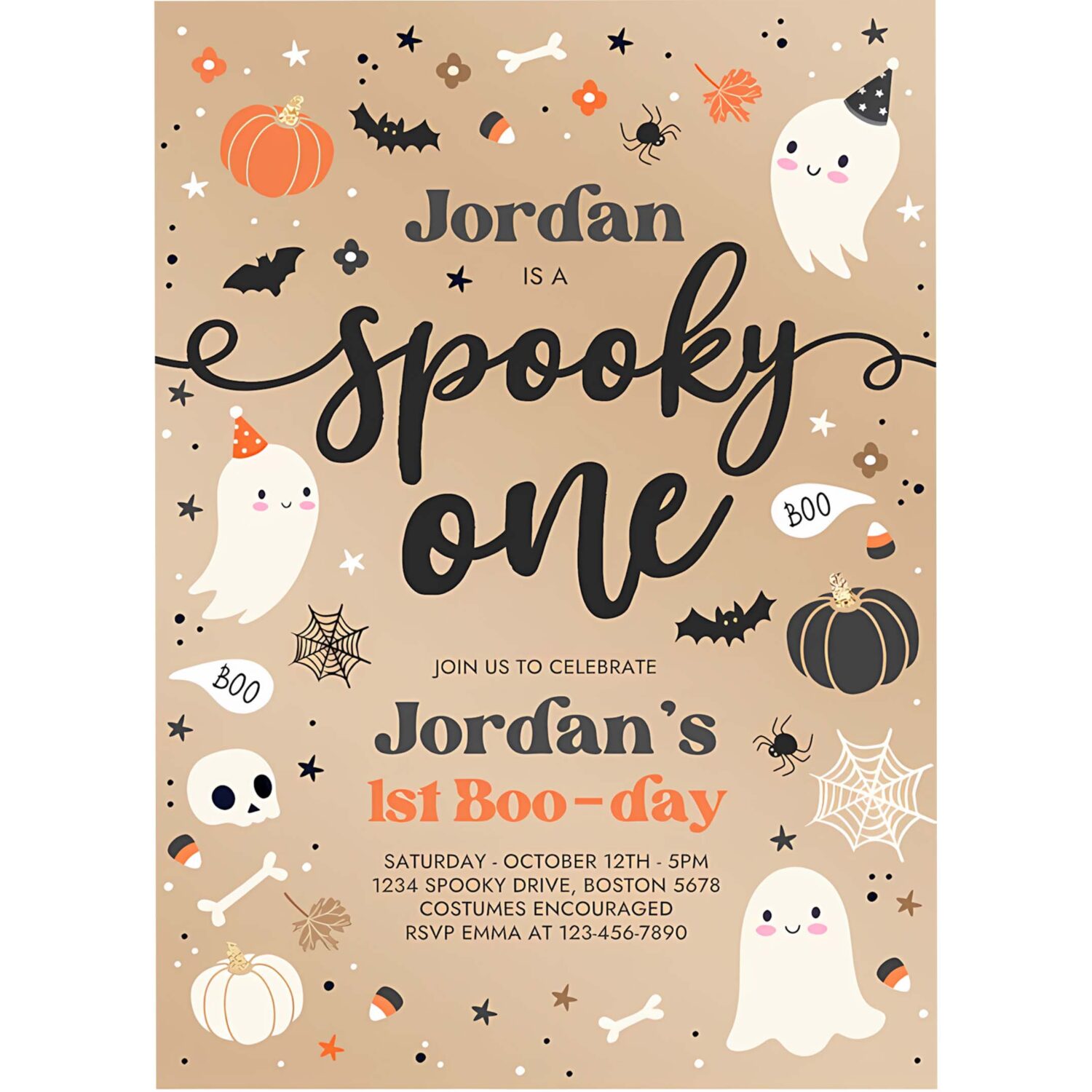 Editable spooky one vintage halloween ghost 1st birthday party invitation cute ghost 1st birthday party spooktacular instant download t2 4